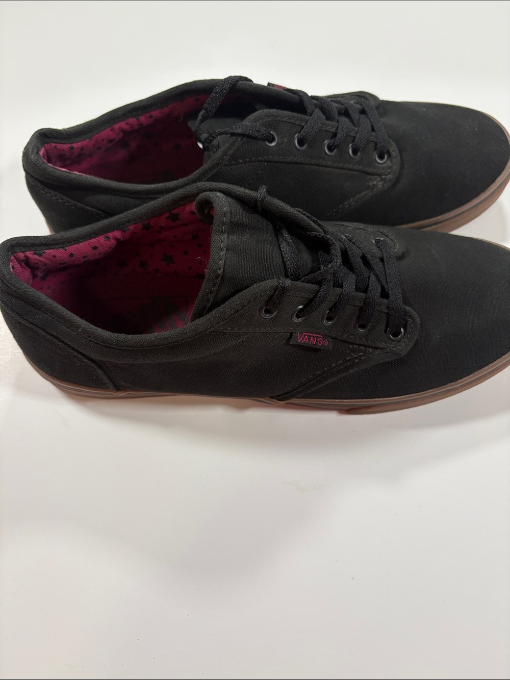 Vans Women’s Black Canvas Low-Top Sneakers with Brown Sole and Pink Lining